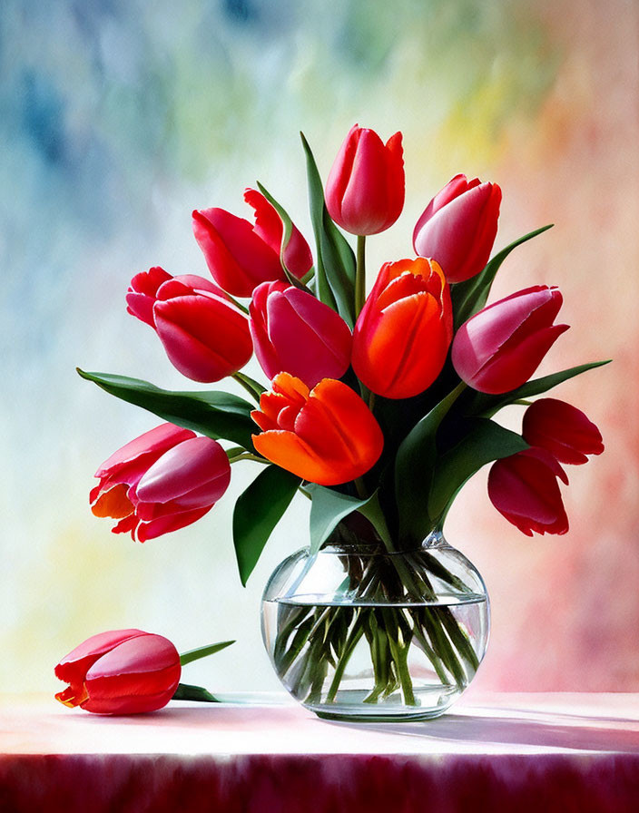 Colorful Tulip Bouquet in Clear Glass Vase on Reflective Surface