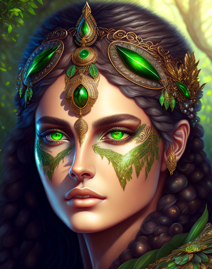 Woman's digital portrait with green eyes and ornate headdress.