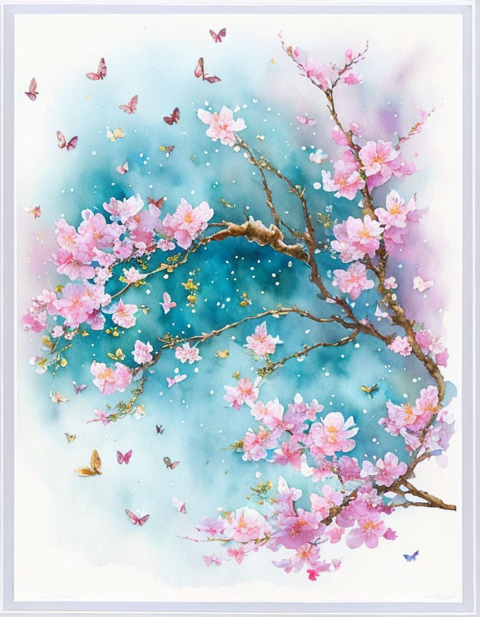 Cherry Blossom Branch and Butterflies Watercolor Painting