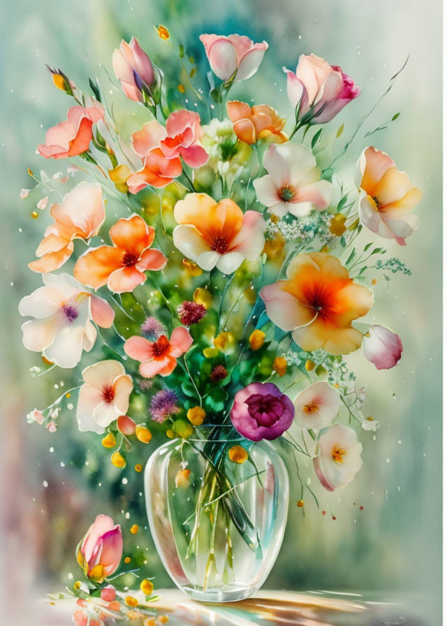 Colorful Watercolor-Style Flower Bouquet in Glass Vase