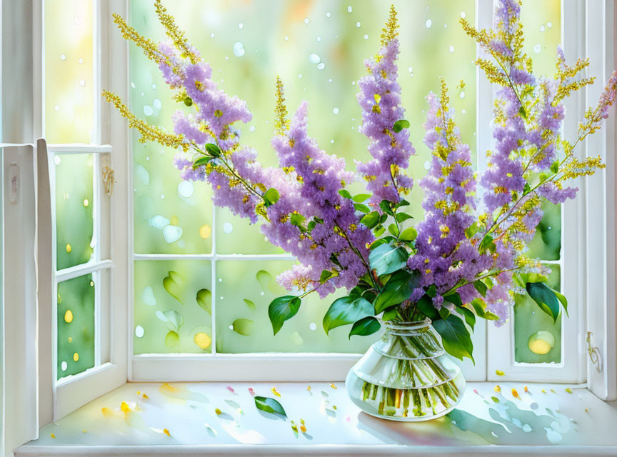 Purple Flowers Bouquet in Glass Vase on Raindrop-Streaked Windowsill