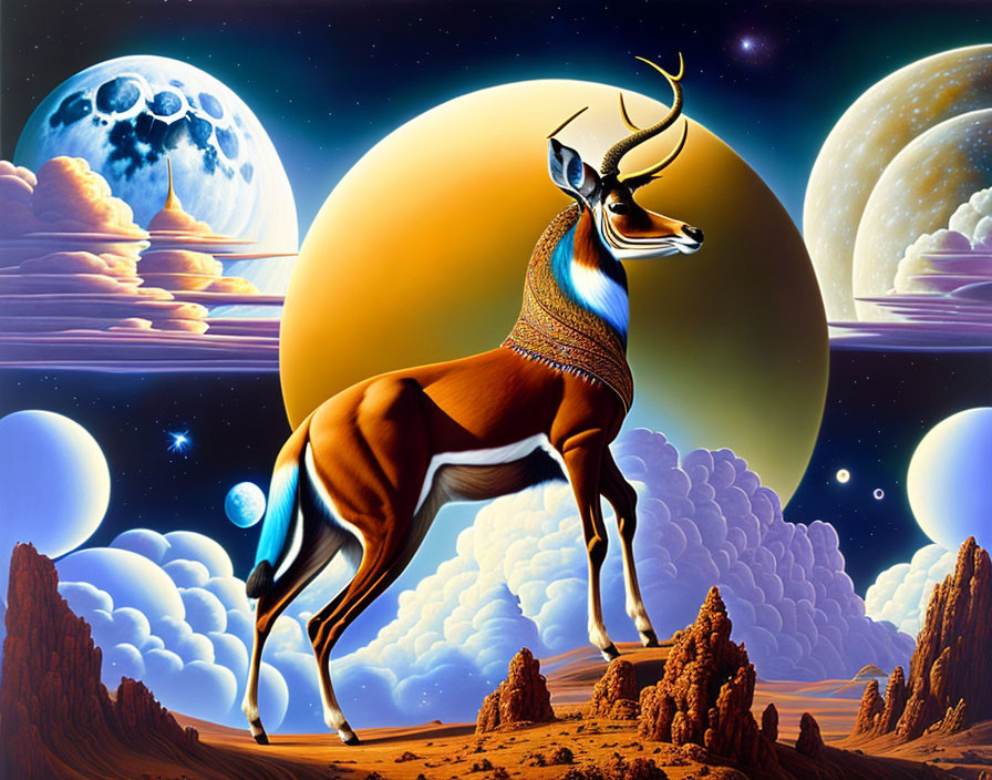 Majestic antelope in surreal celestial landscape