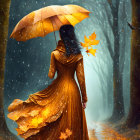 Woman in golden dress with polka-dotted umbrella in mystical autumn setting