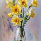 Translucent vase with yellow and white peonies on dreamy background