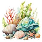 Colorful Seashells, Starfish, Coral, Algae, and Egg Illustration