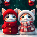 Animated kittens in winter outfits with Christmas tree and snow.