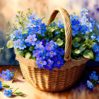 Colorful painting of wicker basket with blue flowers and wildflowers.