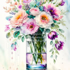 Colorful bouquet of peonies in vase on marble platform against light blue backdrop