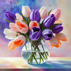 Colorful Tulip Bouquet in Clear Glass Vase on Soft Background