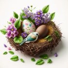 Easter-themed lace basket with flowers, eggs, and golden accent on green background