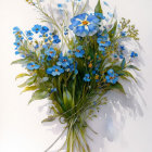 Blue Flowers and Green Foliage Watercolor Painting with Light Shadows