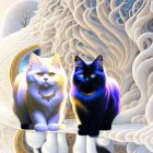 Stylized white and black cats with cosmic background