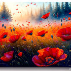 Vibrant painting: Red poppies, white house, dense forest, pastel sunset sky