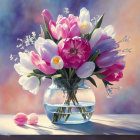 Colorful tulip bouquet in clear vase with soft light and floating petals for serene atmosphere.