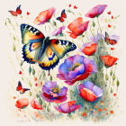 Colorful Butterfly and Poppies Artwork with Wildflowers on Pale Background