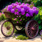 Colorful still life painting with purple flowers, fruit, and pocket watch