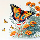 Colorful butterfly illustration perched on wildflowers