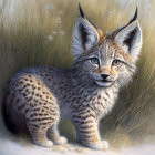 Young Lynx in Field with Tall Grass and Blue Flowers