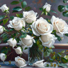 Realistic Painting of White Roses Bouquet in Vase