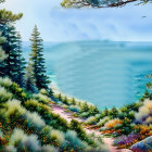 Tranquil watercolor painting: Coastline from pine forest path