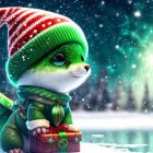 Green dragon in Santa hat with gift in snowy scene