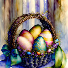 Decorated Easter eggs in ornate basket with flowers and ribbons on draped fabric.