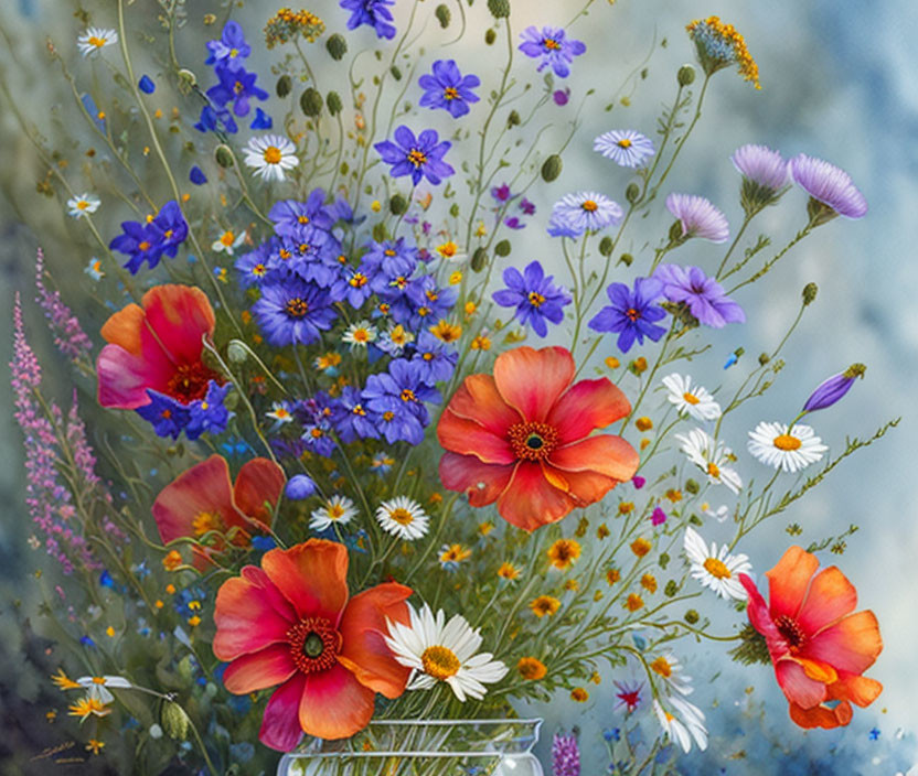 Colorful Wildflower Bouquet with Red Poppies, White Daisies, and Blue Corn