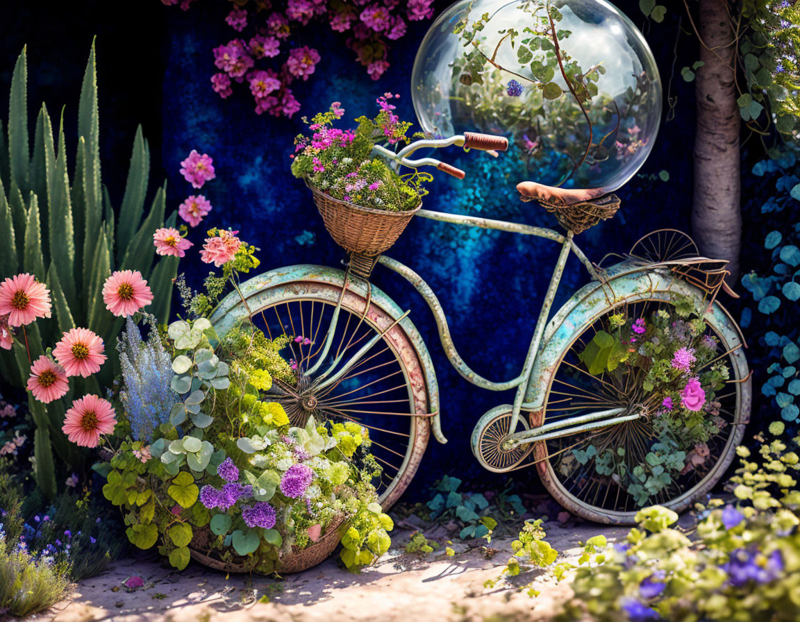 Vintage Bicycle with Flower Baskets in Vibrant Garden