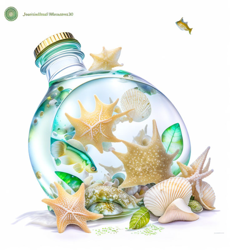 Illustration of bottle with starfish, shells, sand, and fish.