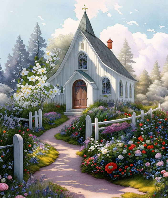 Charming chapel in lush garden with vibrant flowers