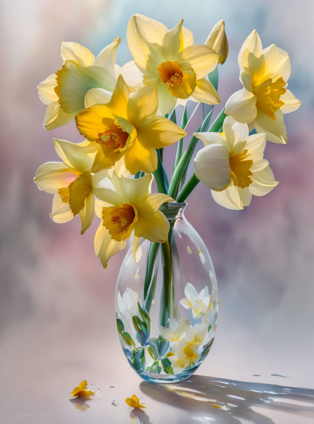 Yellow daffodils in clear vase with painted flowers on soft backdrop