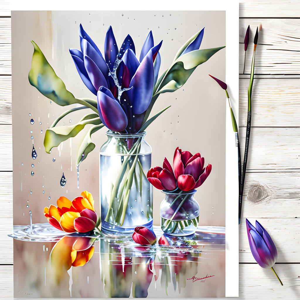 Hyperrealistic Painting of Vibrant Tulips in Clear Jar with Paintbrushes