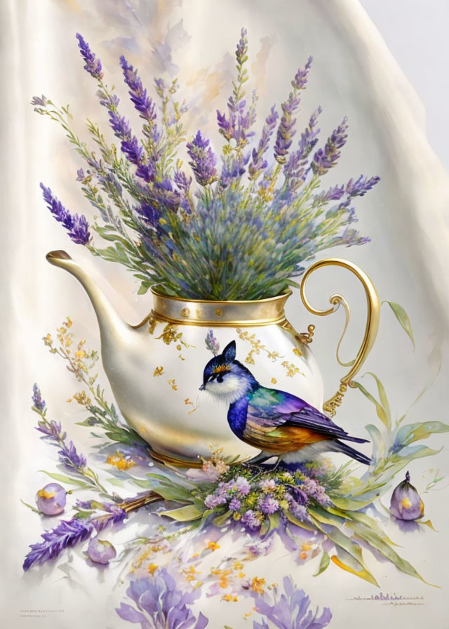 Golden teapot with lavender flowers and bird in colorful illustration