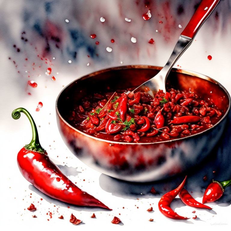 Detailed Illustration of Stirred Chili with Beans and Fresh Peppers