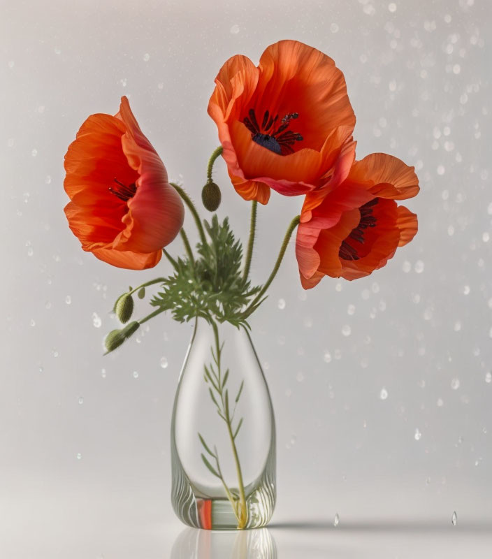 Three vibrant red poppies in clear vase on light background with water droplets