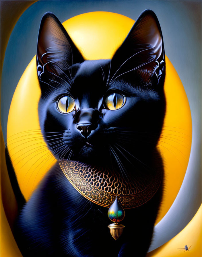 Sleek black cat with yellow eyes and golden collar on yellow-blue gradient background