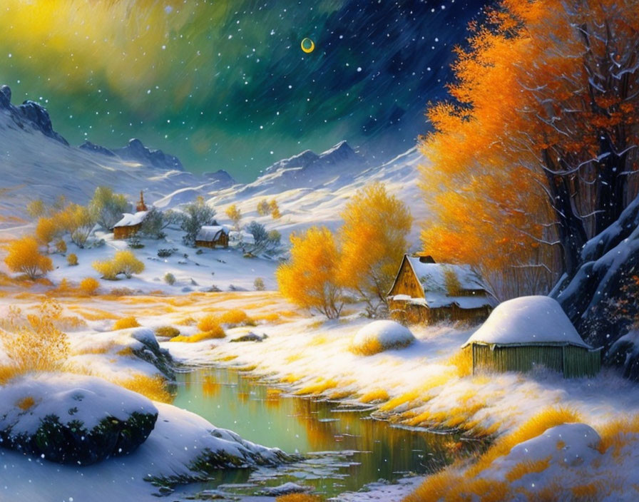 Snowy winter twilight scene with autumn trees, houses, starry sky, crescent moon