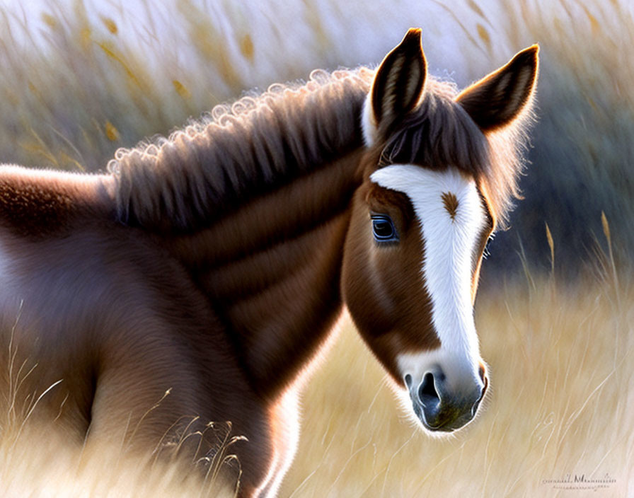 Brown and White Horse with Thick Mane in Golden Grassy Field