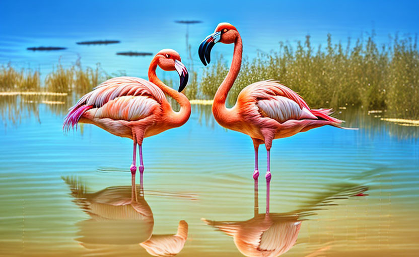 Pair of Flamingos Standing in Water with Reflections and Blue Sky