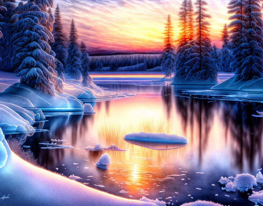 Snow-covered pines and frozen lake under vivid winter sunset