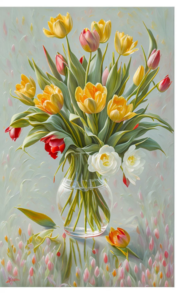 Colorful Tulip Bouquet Painting on Pale Background