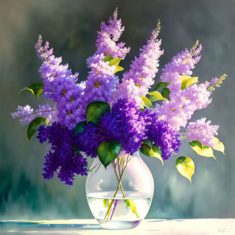 Purple Lilacs Bouquet in Clear Glass Vase