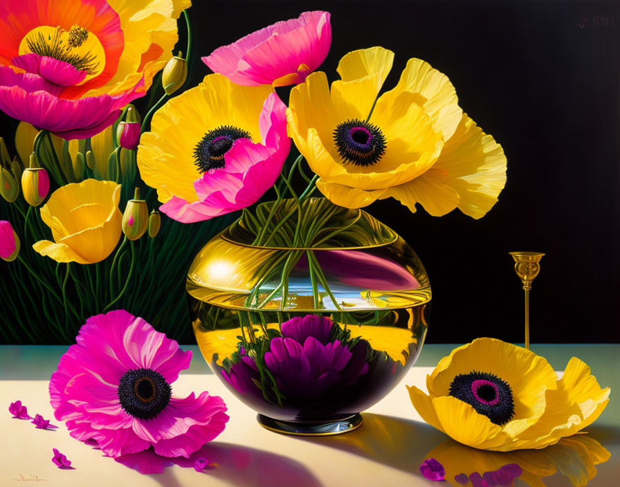 Colorful poppies reflected in water in vibrant painting