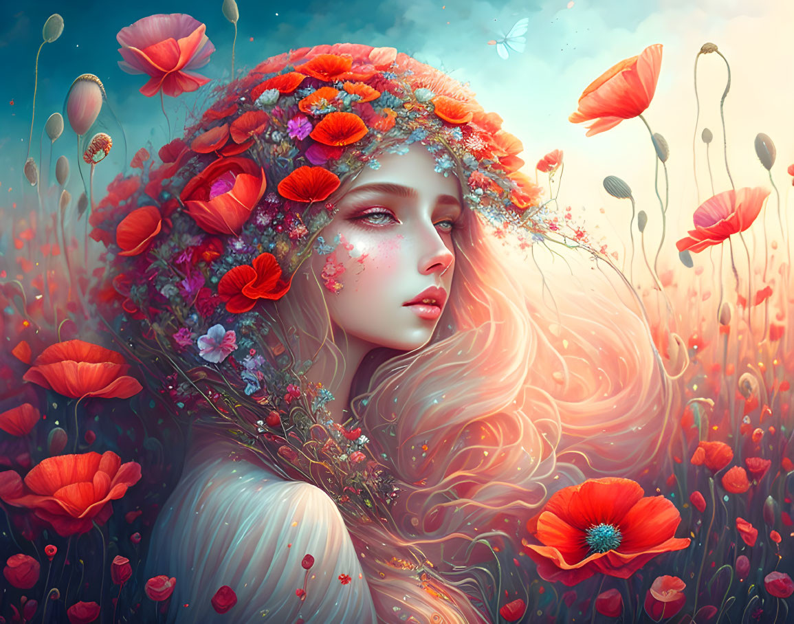 Woman in Floral Headdress Surrounded by Red Poppies