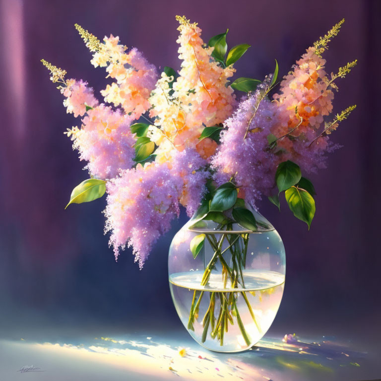 Colorful painting of glass vase with pink lilac flowers on purple backdrop