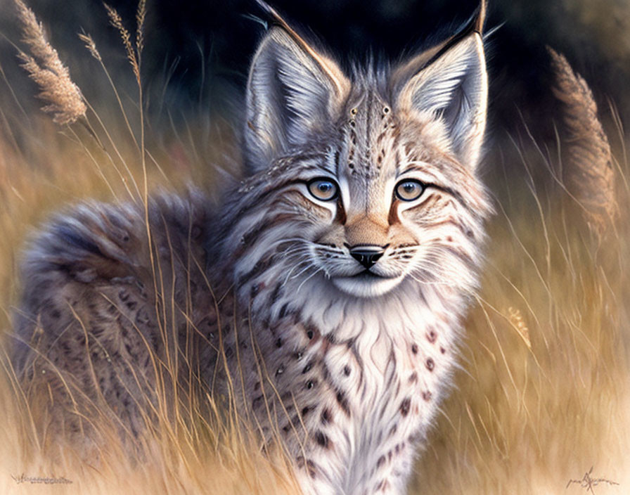 Realistic Lynx Painting in Field with Detailed Fur Patterns