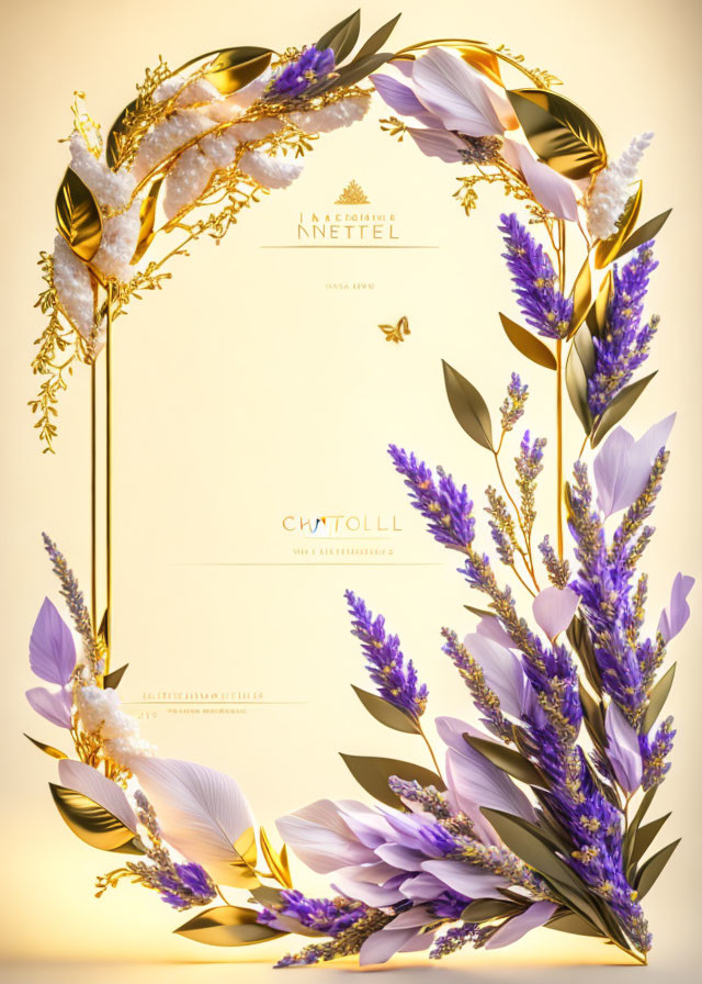 Golden Floral Frame with Lavender and White Flowers on Warm Yellow Background