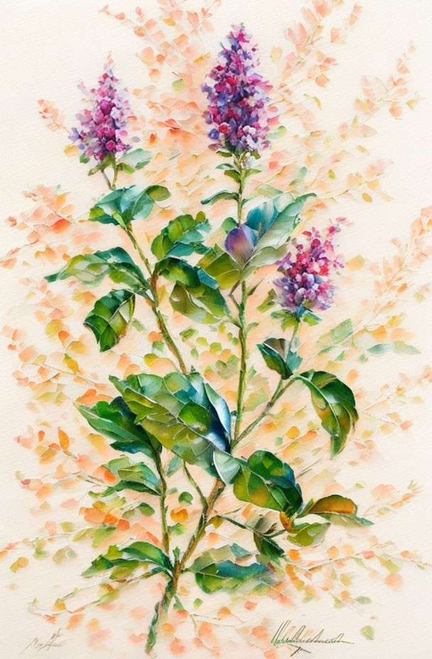 Blooming lilac branch in watercolor with orange and pink background