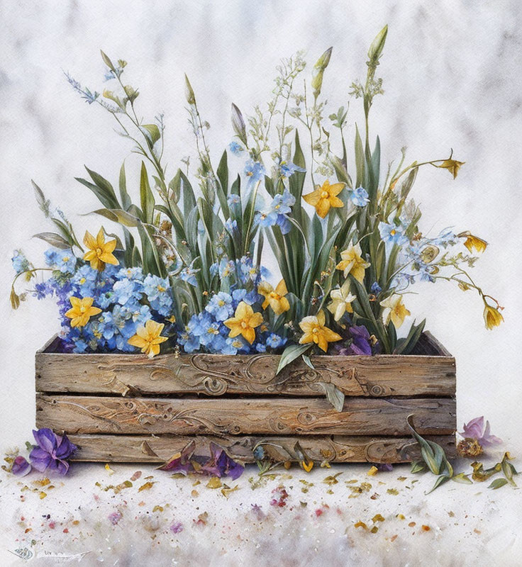 Colorful Flower Arrangement in Wooden Planter on Off-White Background