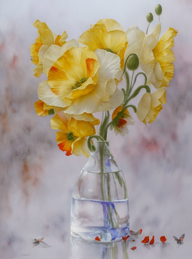 Yellow and White Poppy Bouquet with Butterflies and Dragonfly on Textured Background